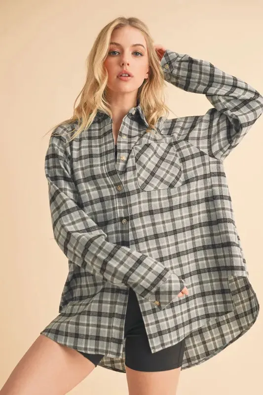 Aemi + Co Plaid Button Up Flannel Shirt with Chest Pocket sold by Charming Charlie