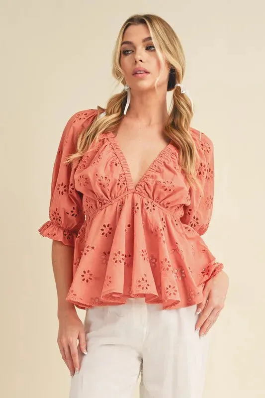 Aemi + Co Eyelet Embroidered V-Neck Half Sleeve Peplum Blouse sold by Charming Charlie product image thumbnail 3