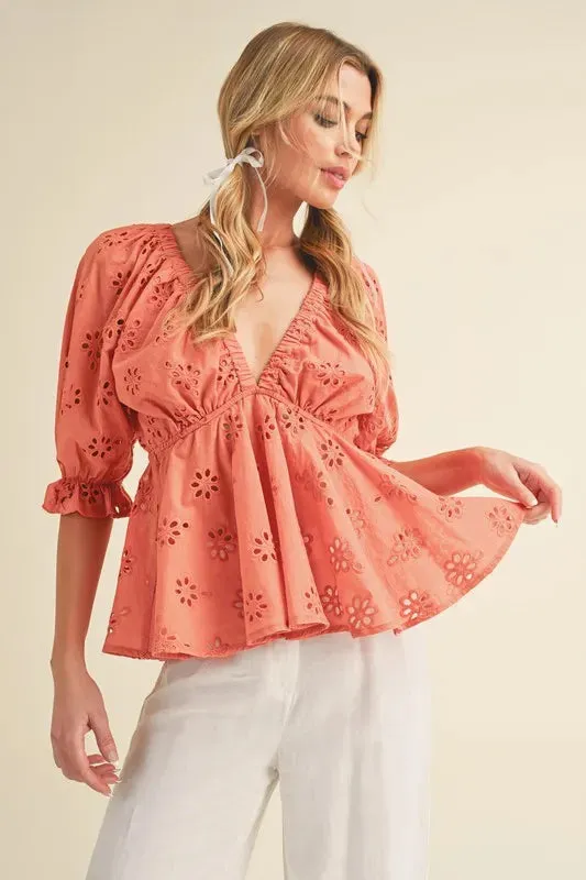 Aemi + Co Eyelet Embroidered V-Neck Half Sleeve Peplum Blouse sold by Charming Charlie product image thumbnail 2