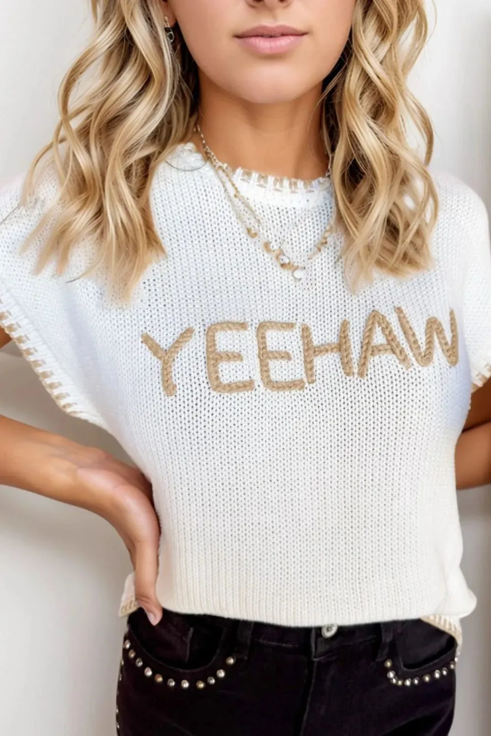 YEEHAW Stitch Edge Crew Neck Knit Top sold by Charming Charlie