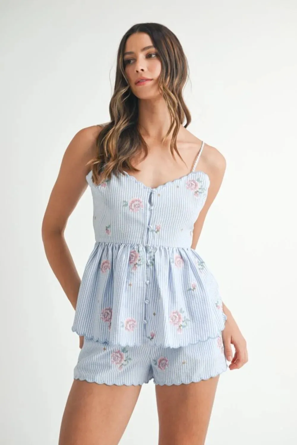 MABLE Stripe Embroidered Peplum Cami and Shorts Set sold by Charming Charlie