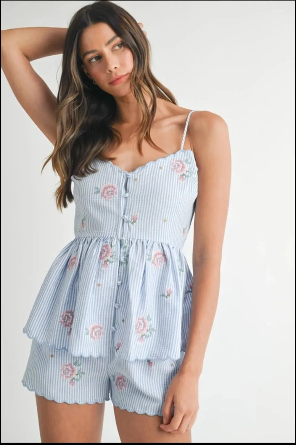 MABLE Stripe Embroidered Peplum Cami and Shorts Set sold by Charming Charlie product image thumbnail 2