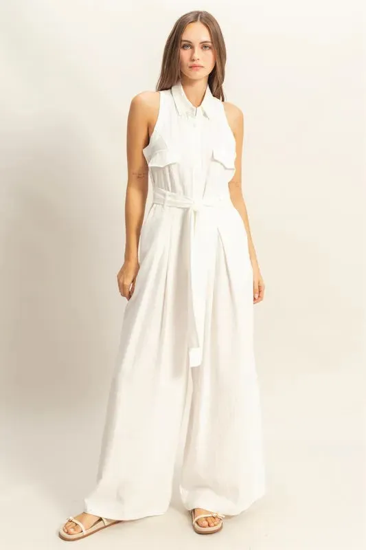HYFVE Sleeveless Tie Waist Wide Leg Jumpsuit sold by Charming Charlie