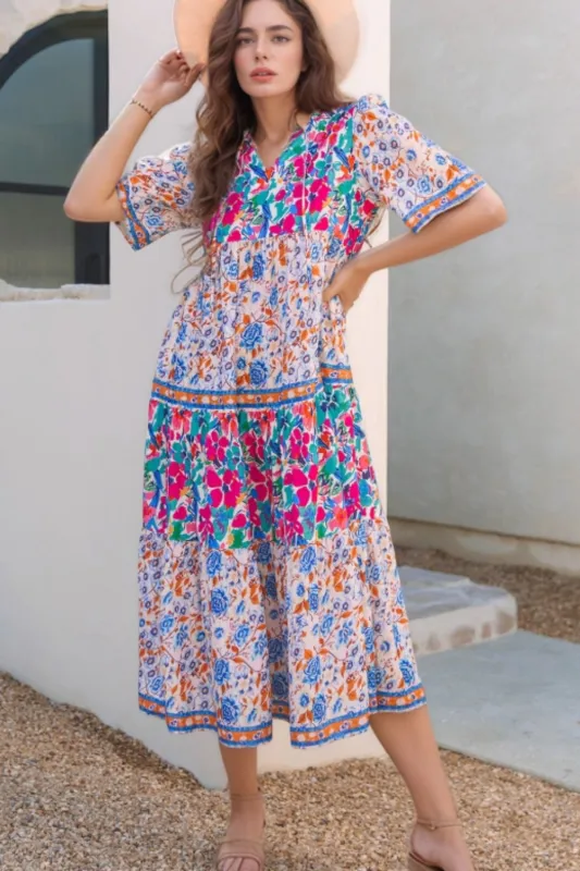 Mixed Floral Print Tie Neck Short Sleeve Dress sold by Charming Charlie