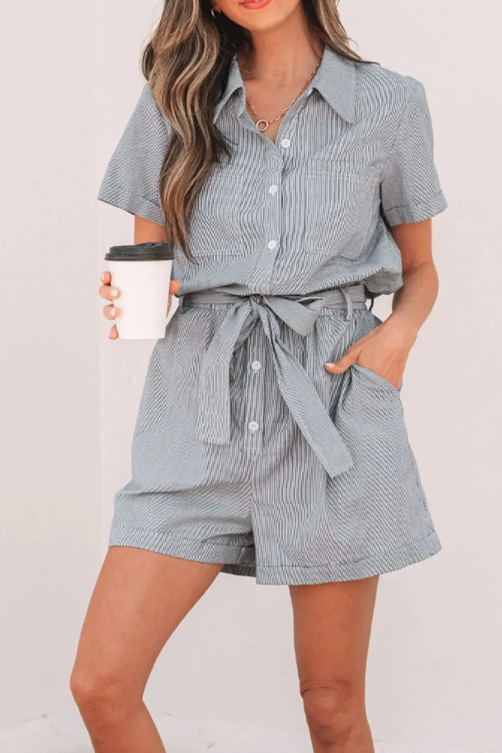 Stripe Chest Pockets Tie Waist Romper sold by Charming Charlie product image thumbnail 3