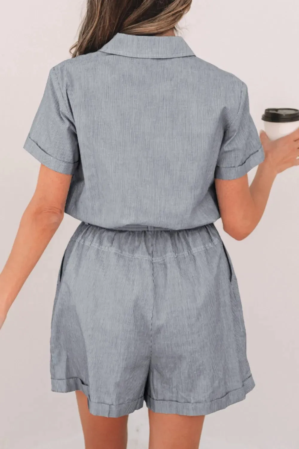 Stripe Chest Pockets Tie Waist Romper sold by Charming Charlie product image thumbnail 2