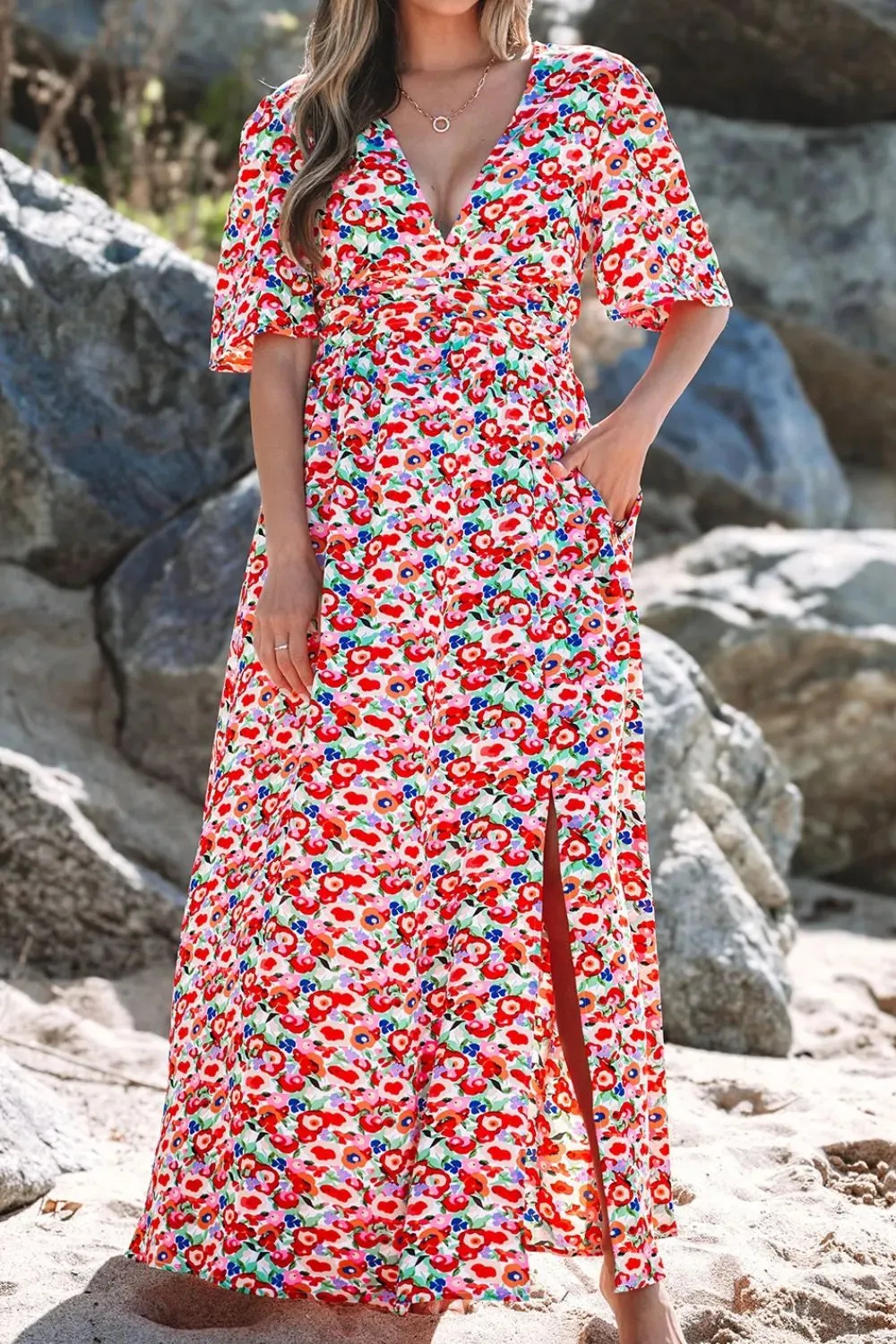 Floral Half Sleeve Deep V Neck Cutout Back Maxi Dress sold by Charming Charlie product image thumbnail 5