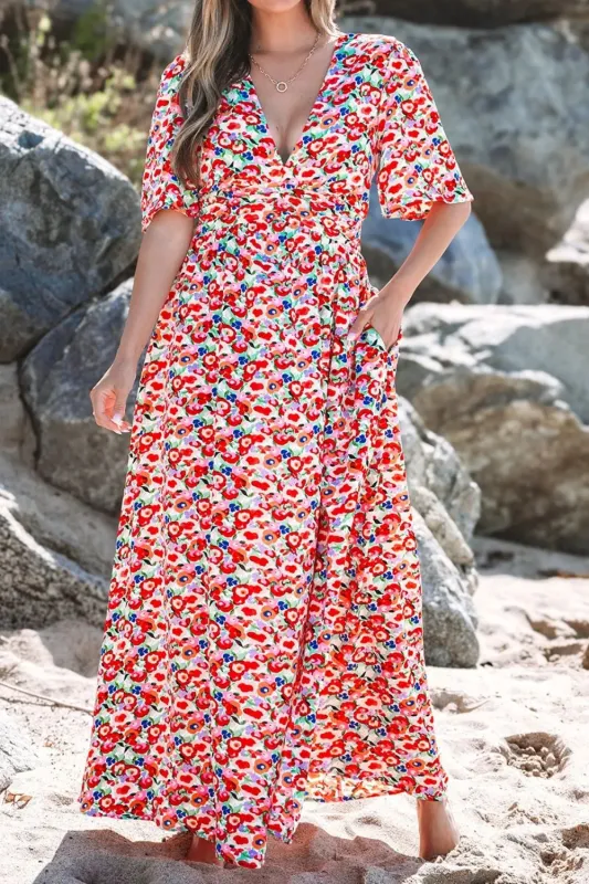 Floral Half Sleeve Deep V Neck Cutout Back Maxi Dress sold by Charming Charlie