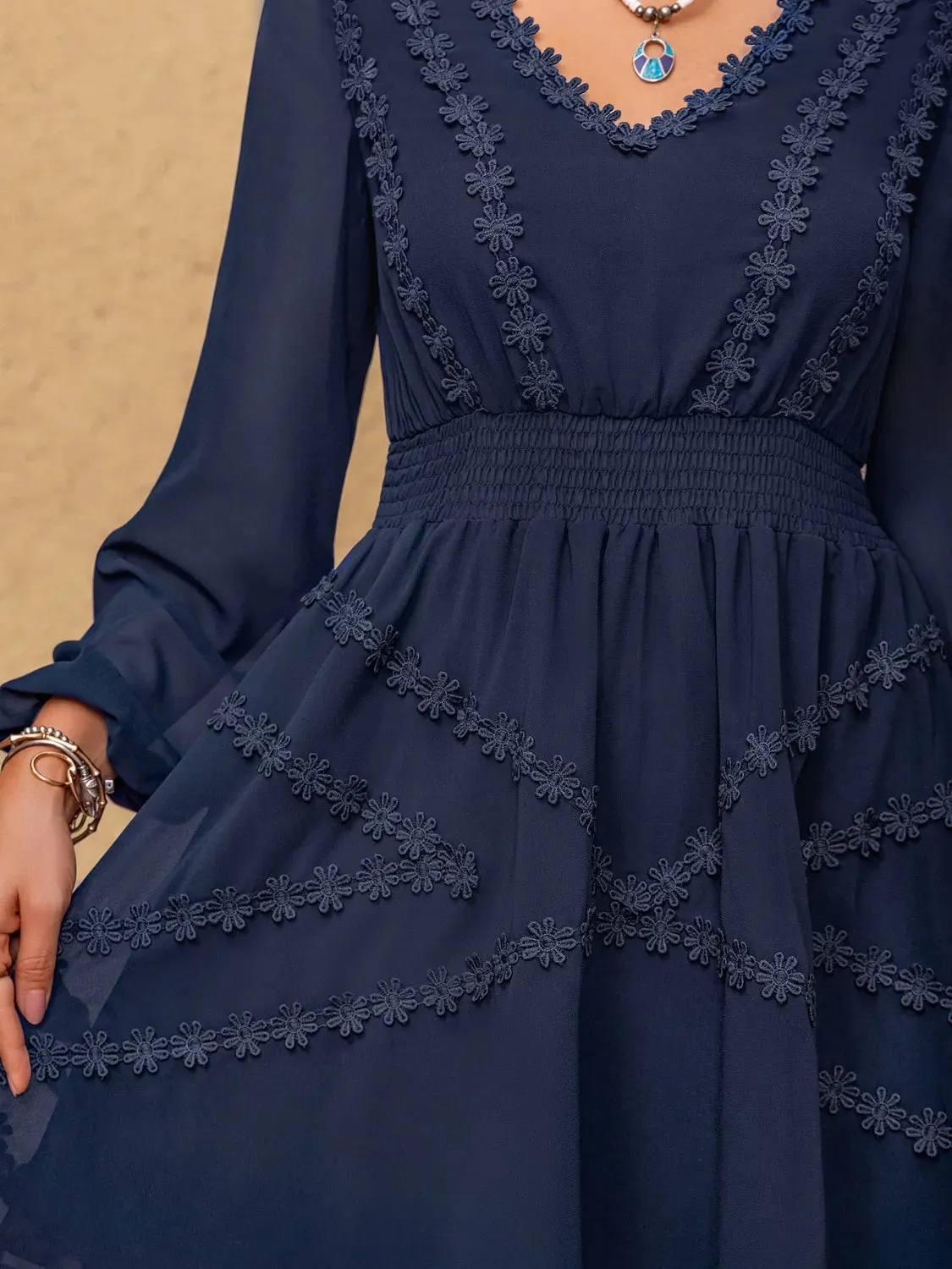 Lace Detail V-Neck Balloon Sleeve Mini Dress sold by Charming Charlie product image thumbnail 3