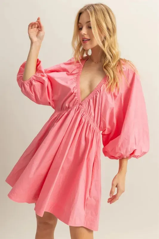 HYFVE Plunge Balloon Sleeve Poplin Mini Dress with Pockets sold by Charming Charlie