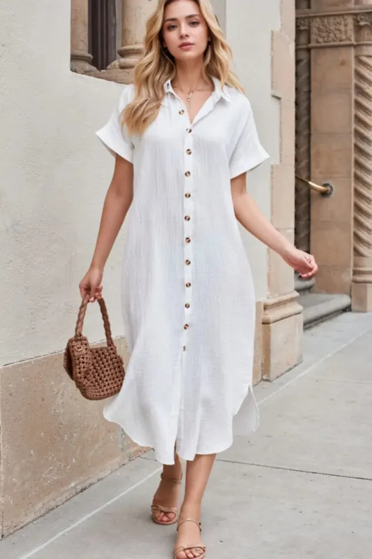 Button Down Short Sleeve Midi Shirt Dress sold by Charming Charlie