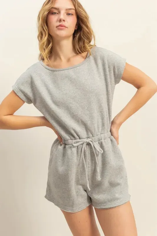 HYFVE Round Neck Short Sleeve Drawstring Waist Romper sold by Charming Charlie