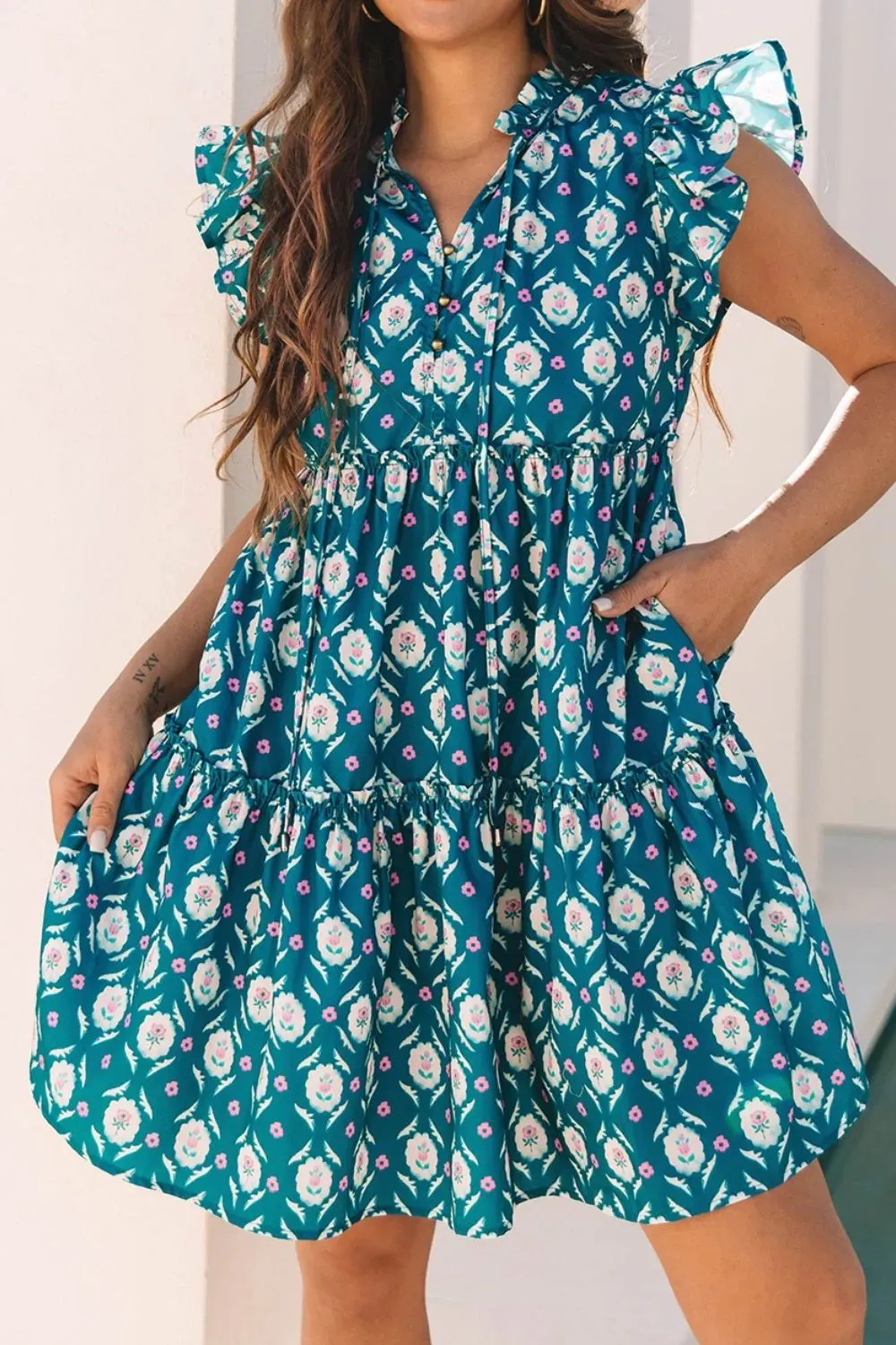 Printed Tie Neck Ruffled Cap Sleeve Dress sold by Charming Charlie product image thumbnail 4