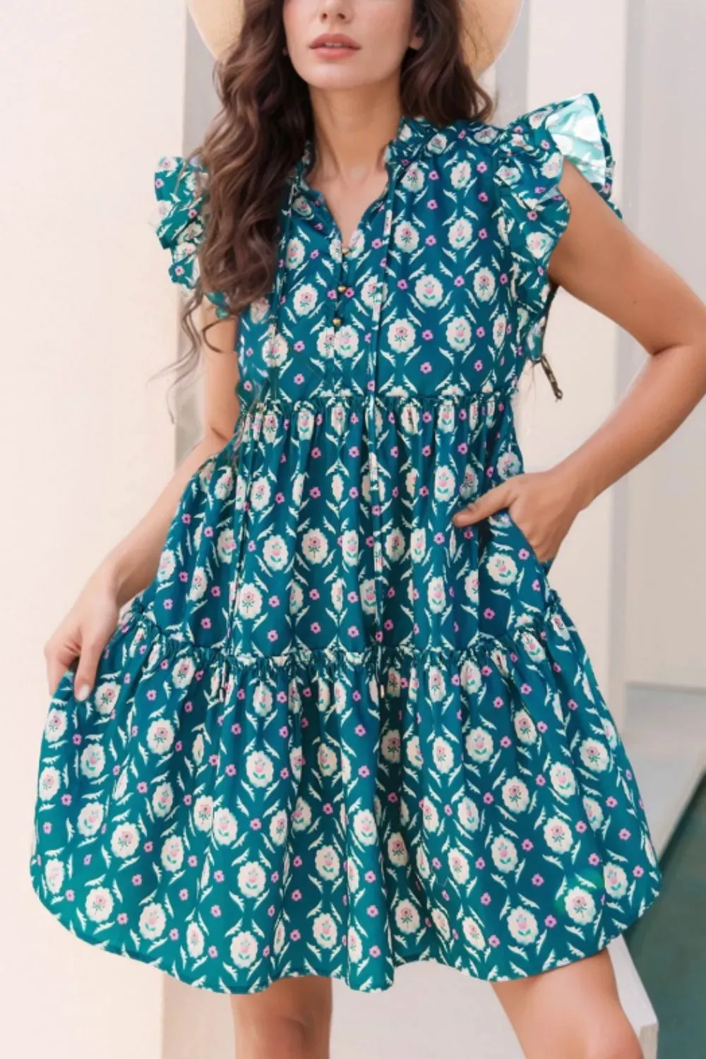 Printed Tie Neck Ruffled Cap Sleeve Dress sold by Charming Charlie product image thumbnail 2