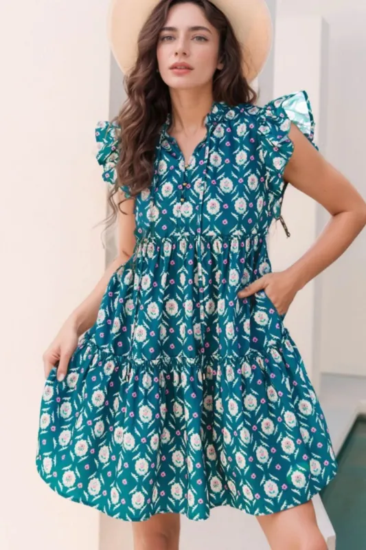 Printed Tie Neck Ruffled Cap Sleeve Dress sold by Charming Charlie