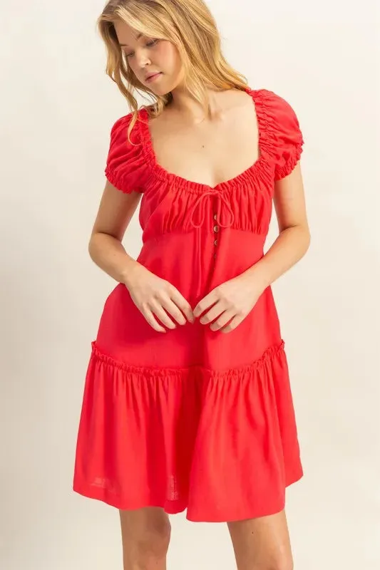 HYFVE Ruched Frill Tiered Short Sleeve Mini Dress sold by Charming Charlie