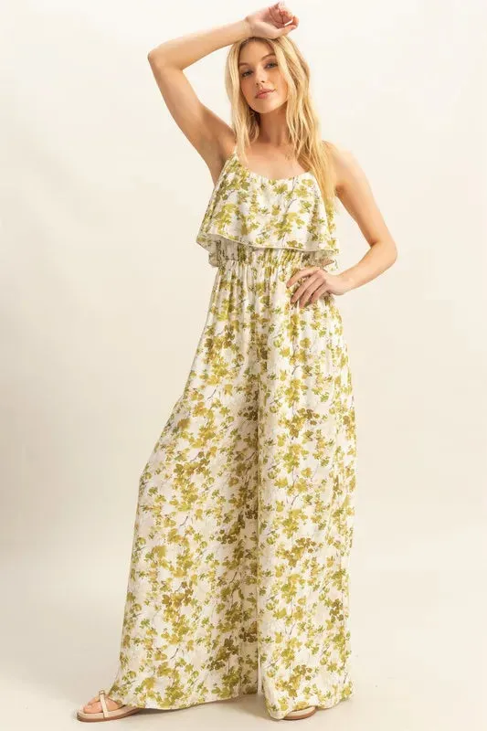 HYFVE Floral Print Spaghetti Strap Wide Leg Jumpsuit sold by Charming Charlie