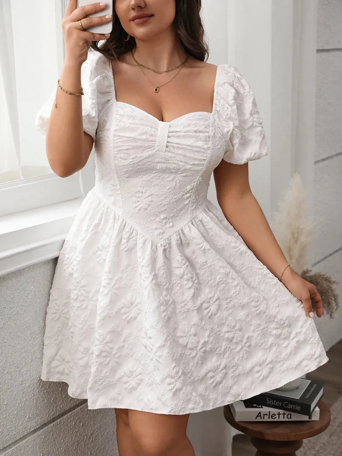 Plus Size Smocked Sweetheart Neck Puff Sleeve Mini Dress sold by Charming Charlie