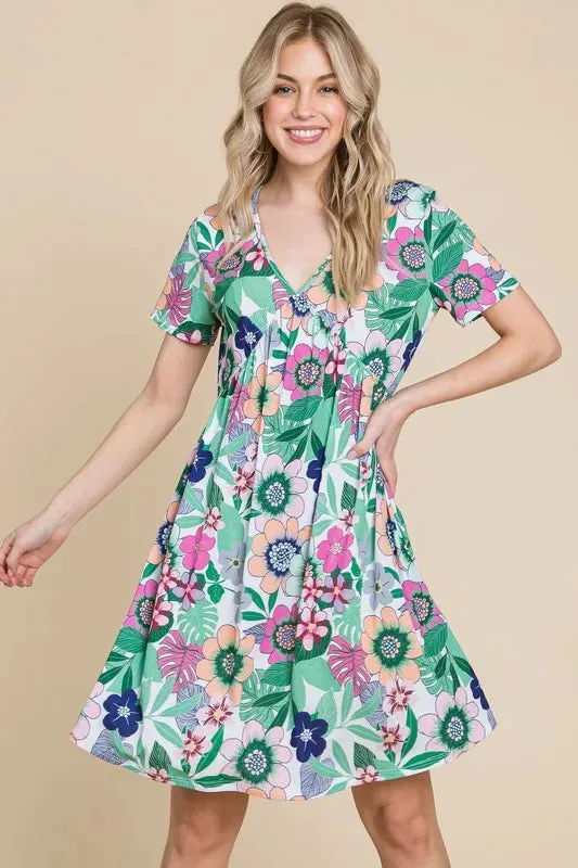 BOMBOM Ruched Floral V-Neck Short Sleeve Dress sold by Charming Charlie