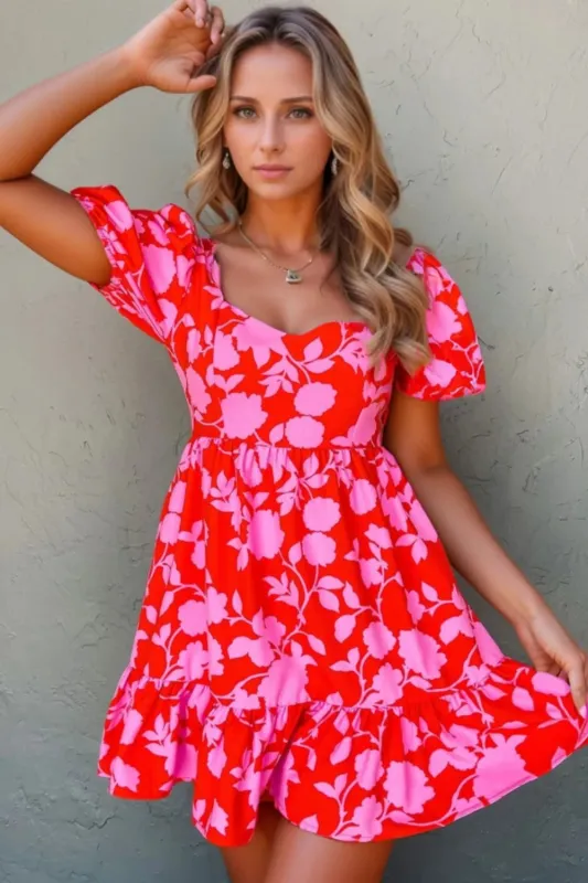 Floral Puff Sleeve Sweetheart Neck Ruffled Mini Dress sold by Charming Charlie