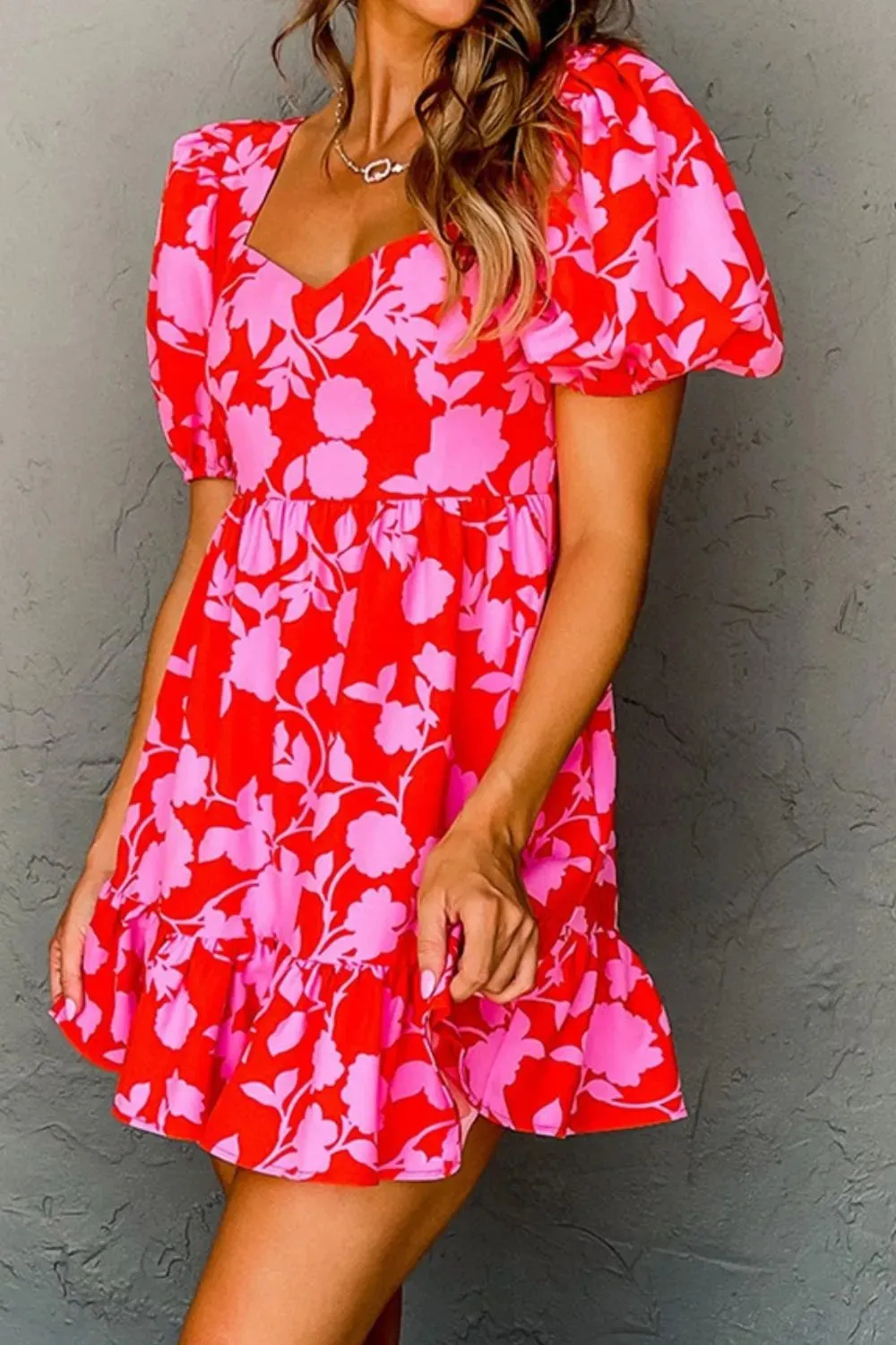 Floral Puff Sleeve Sweetheart Neck Ruffled Mini Dress sold by Charming Charlie product image thumbnail 4