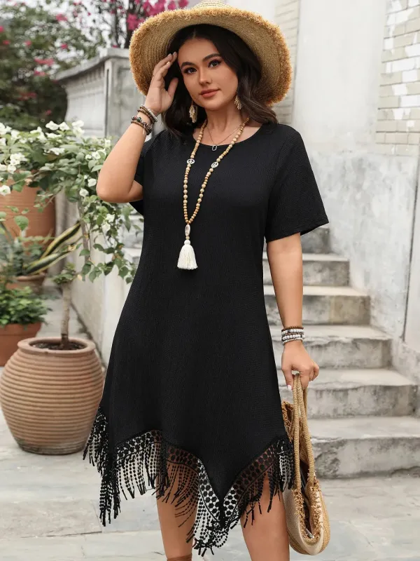 Plus Size Fringe Round Neck Short Sleeve Midi Tee Dress sold by Charming Charlie