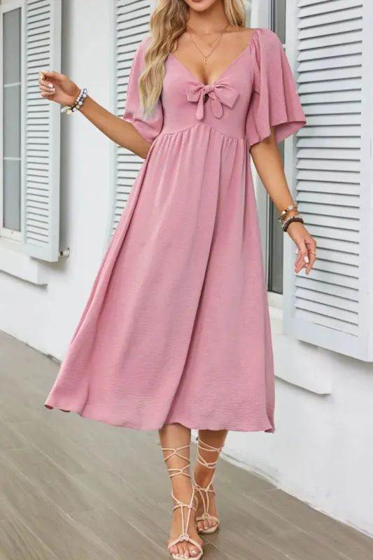 Smocked Tie Front Flutter Sleeve Midi Dress sold by Charming Charlie