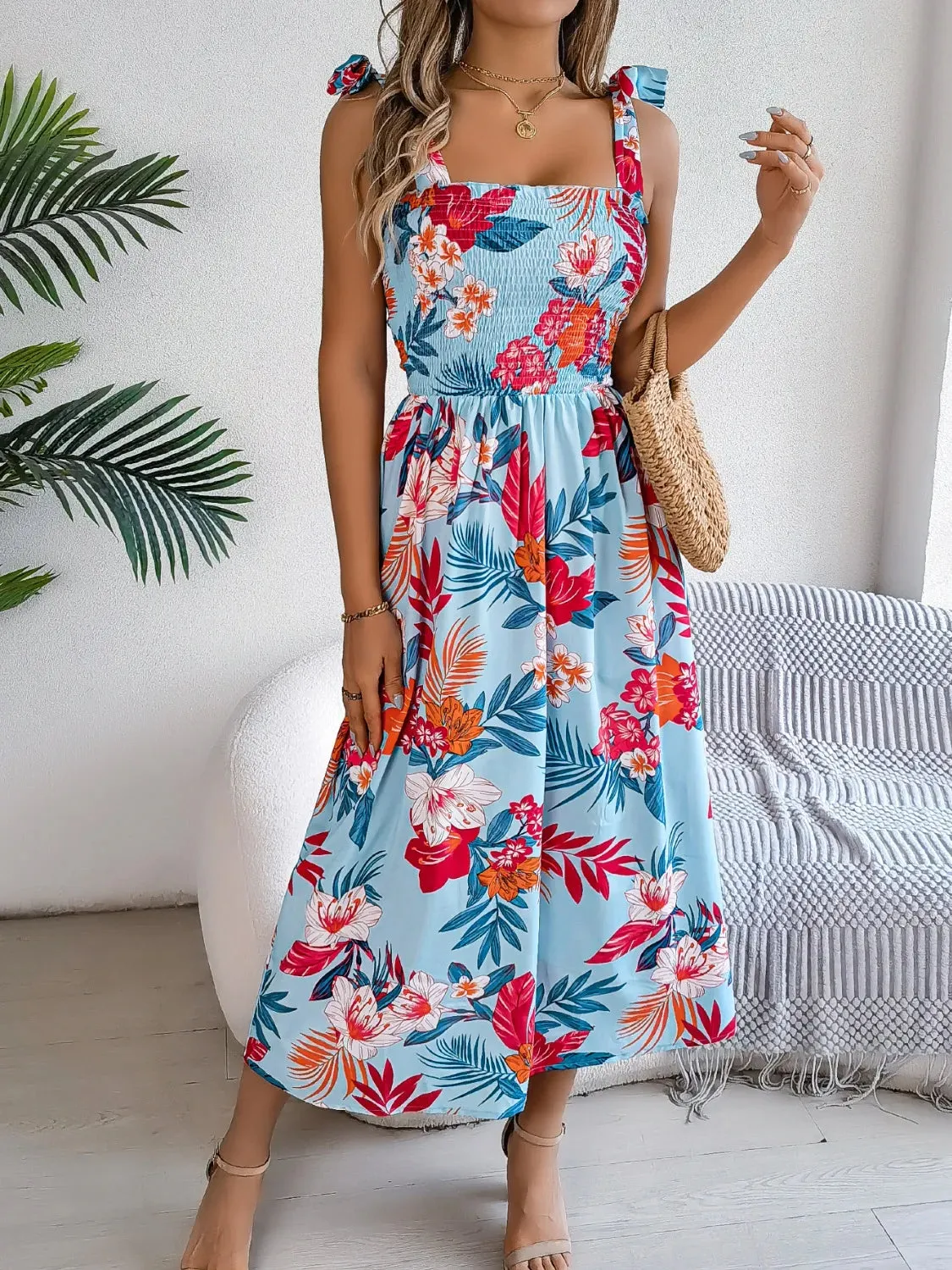 Smocked Floral Tie Shoulder Midi Dress sold by Charming Charlie