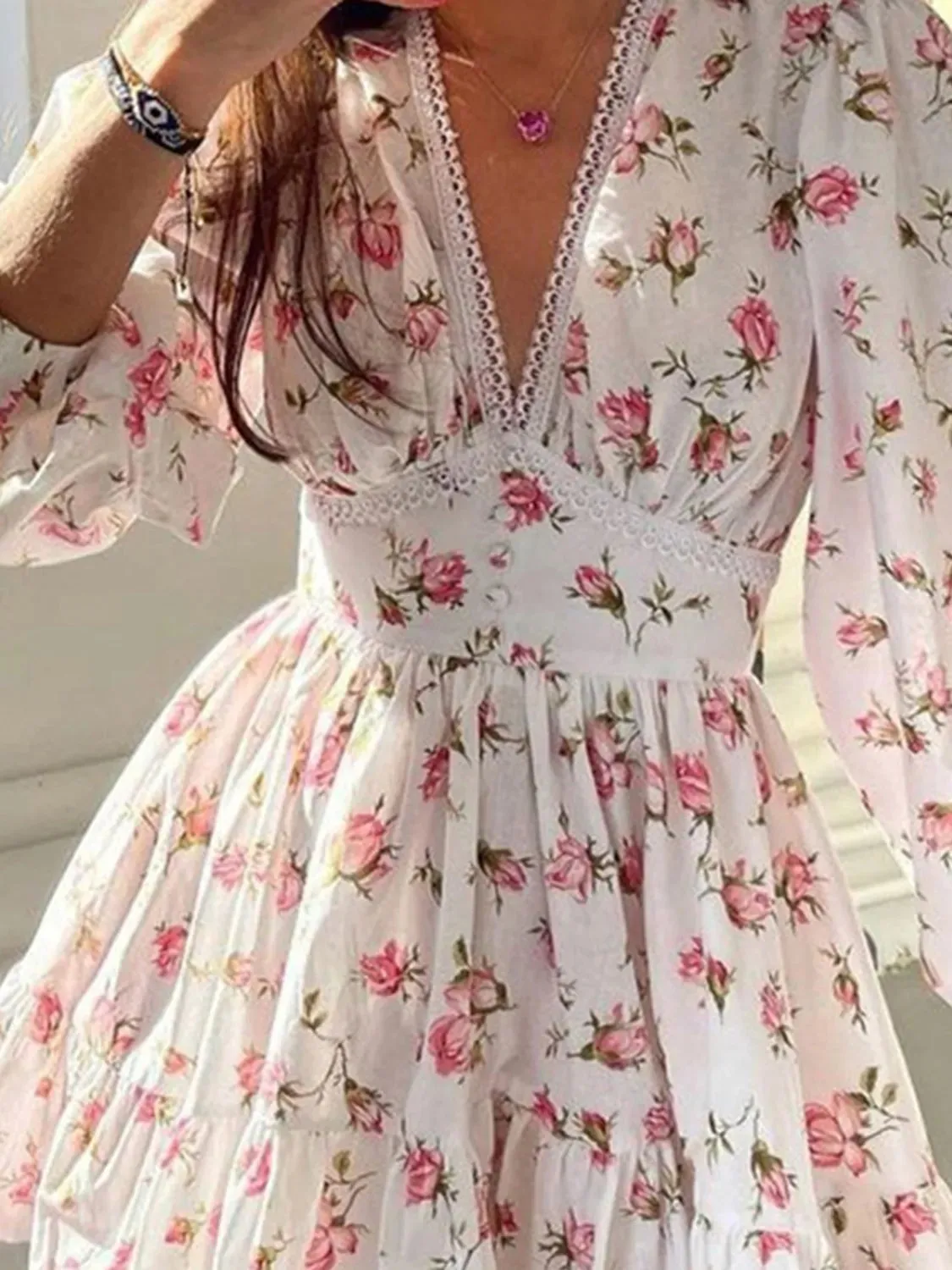 Lace Detail V-Neck Balloon Sleeve Dress sold by Charming Charlie product image thumbnail 2