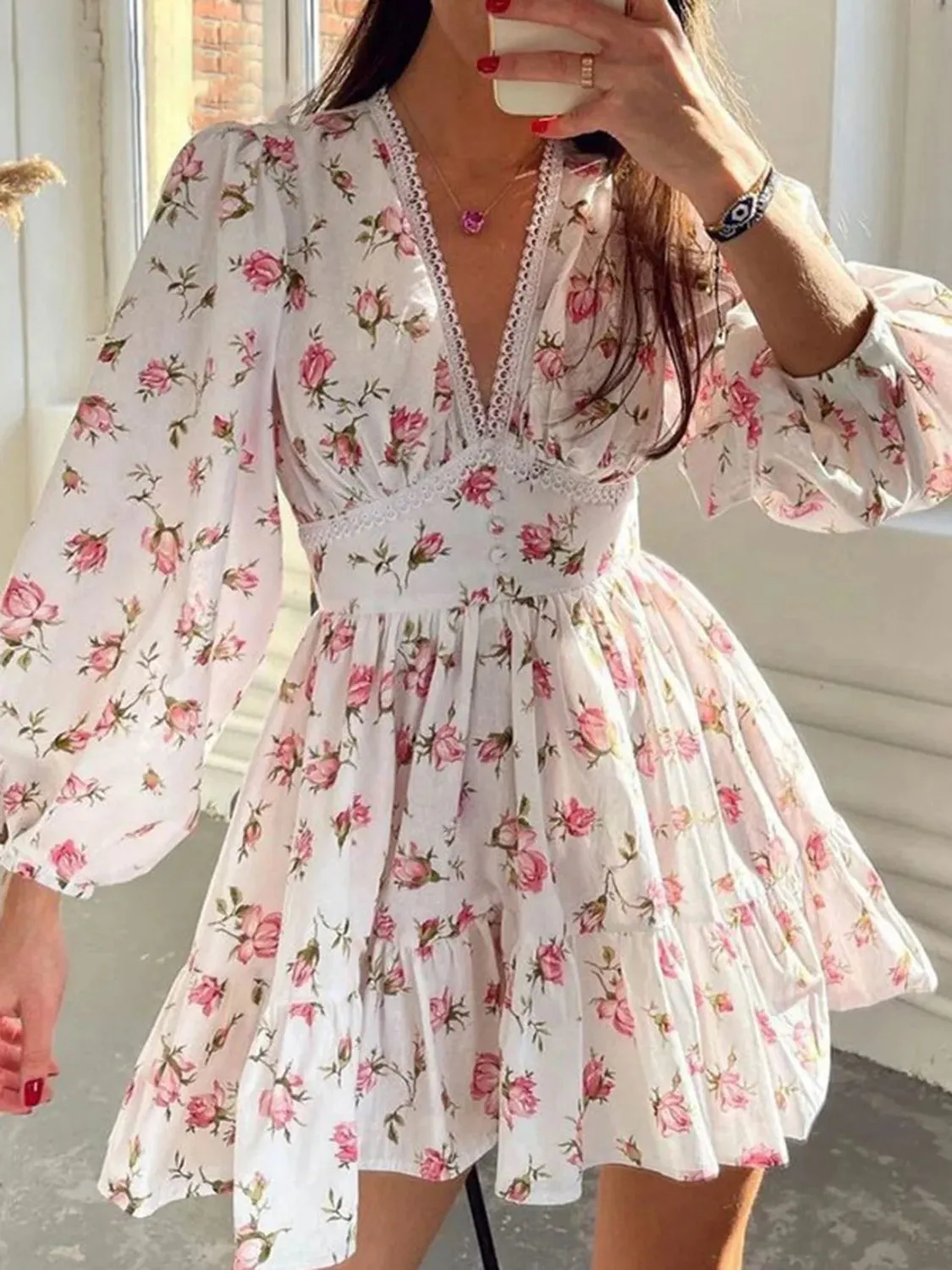 Lace Detail V-Neck Balloon Sleeve Dress sold by Charming Charlie product image thumbnail 3