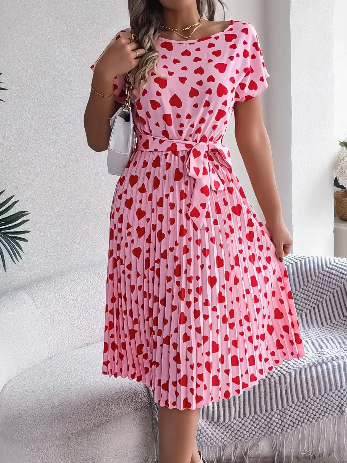 Heart Print Short Sleeve Tie Waist Dress sold by Charming Charlie product image thumbnail 4