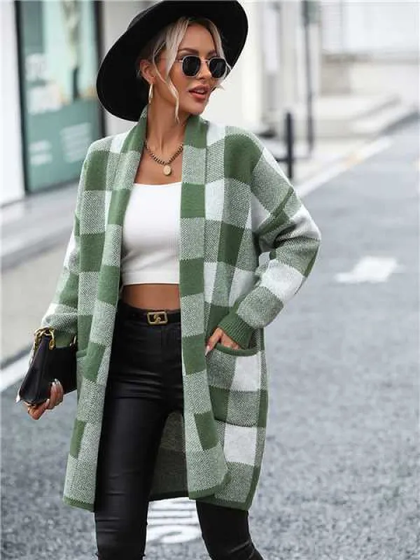 Checkered long cardigan sold by Charming Charlie