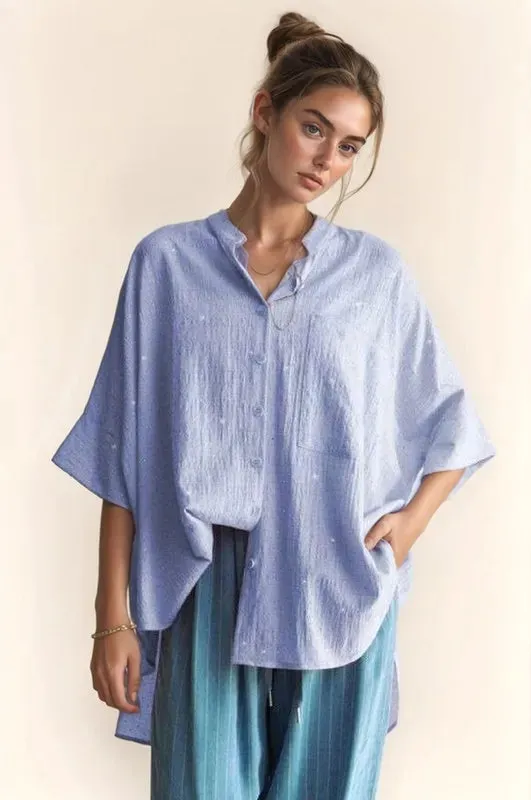 Davi & Dani Rhinestone Pleat Back Short Sleeve Loose Fit Shirt sold by Charming Charlie