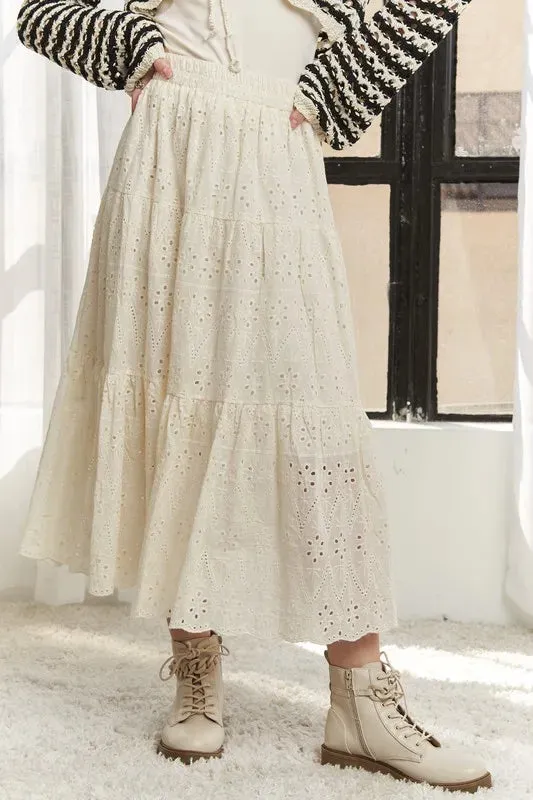 ADORA Elastic Waistband Tiered Midi Skirt sold by Charming Charlie