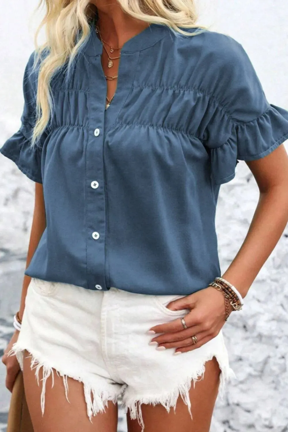 Ruffled Ruched Short Sleeve Button Down Shirt sold by Charming Charlie product image thumbnail 2