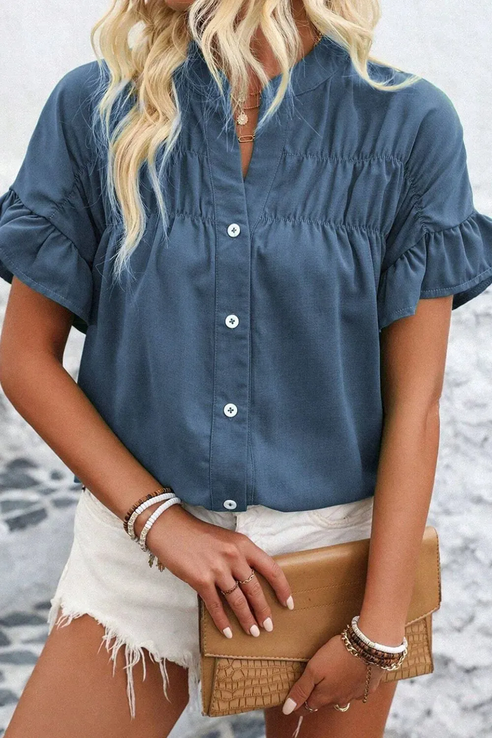Ruffled Ruched Short Sleeve Button Down Shirt sold by Charming Charlie product image thumbnail 4