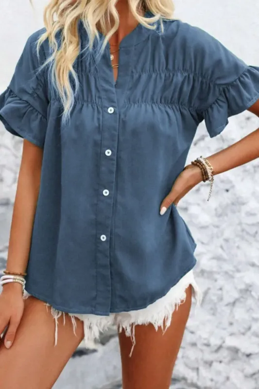 Ruffled Ruched Short Sleeve Button Down Shirt sold by Charming Charlie