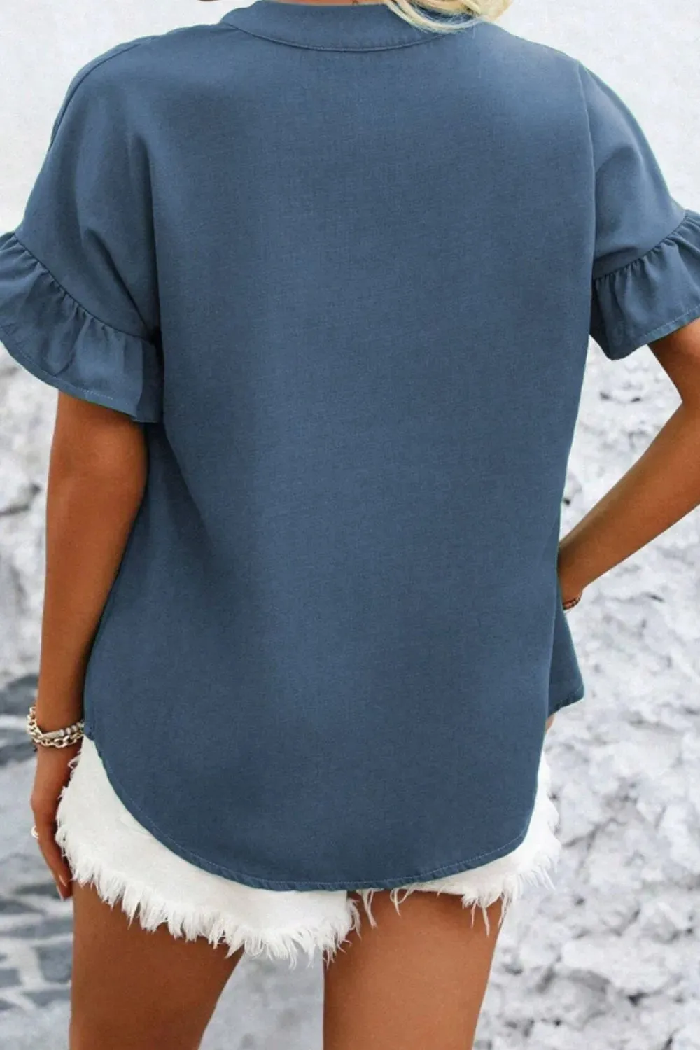 Ruffled Ruched Short Sleeve Button Down Shirt sold by Charming Charlie product image thumbnail 3