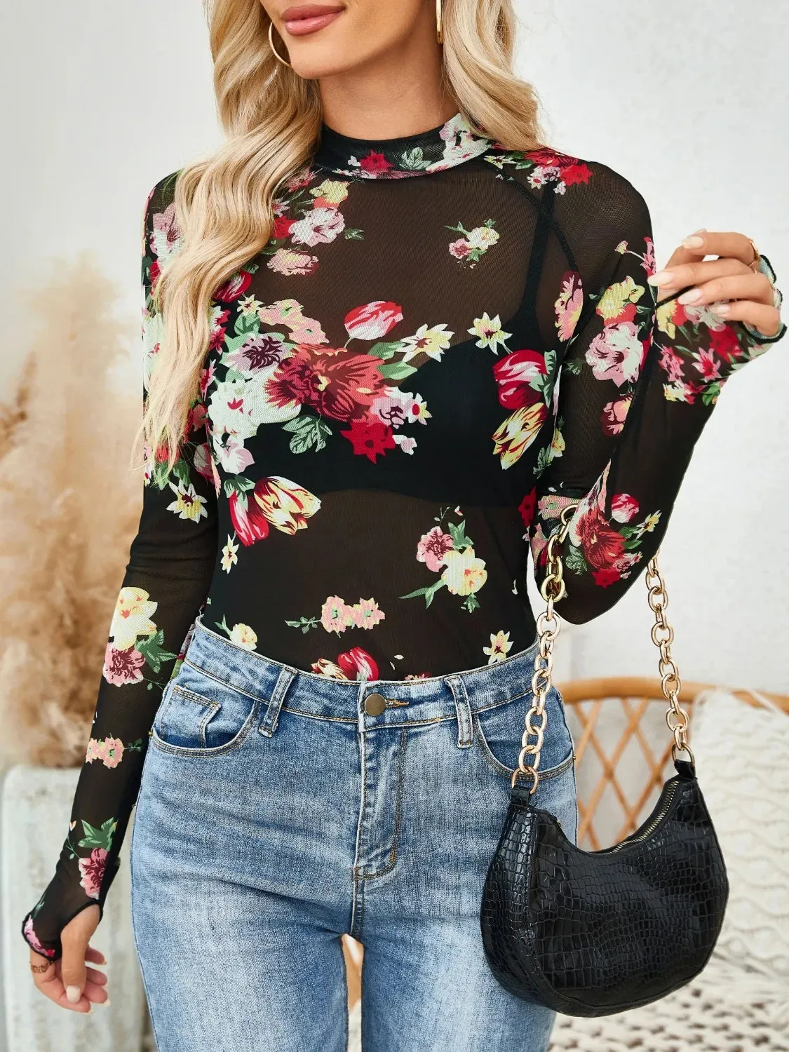 Floral Mock Neck Long Sleeve Top sold by Charming Charlie product image thumbnail 3