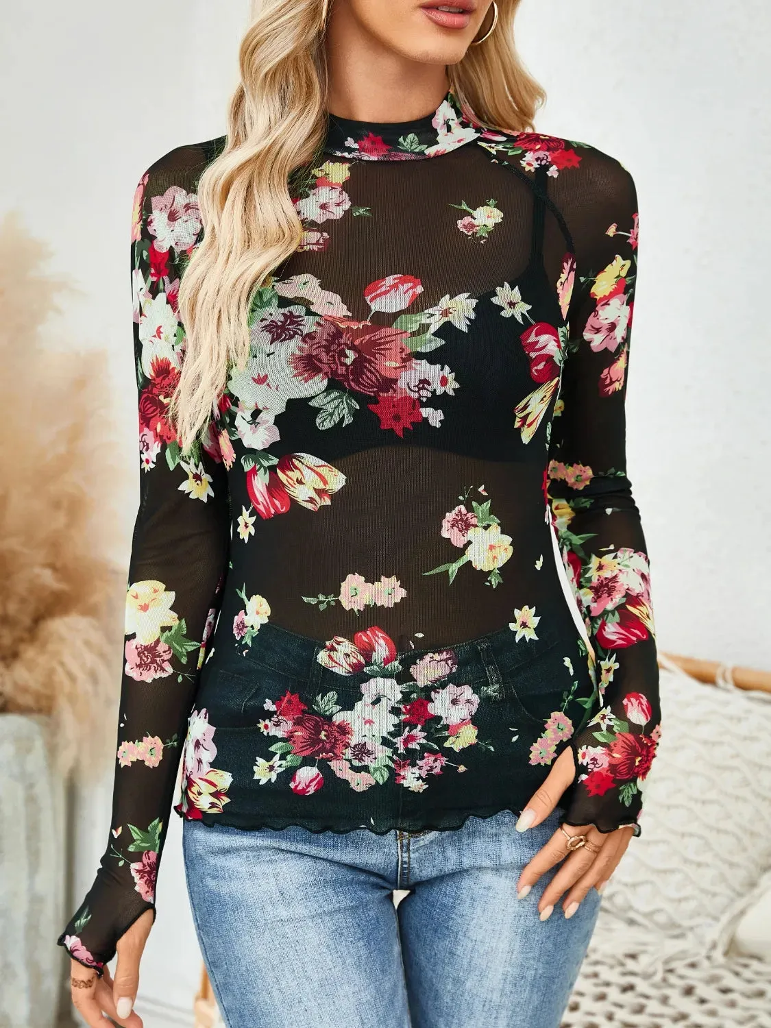 Floral Mock Neck Long Sleeve Top sold by Charming Charlie product image thumbnail 2