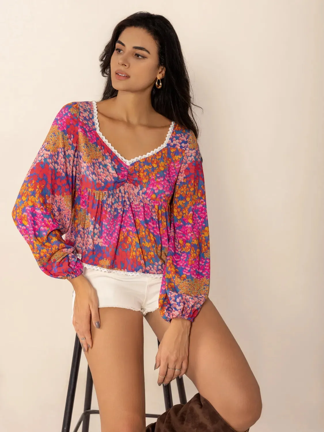 Lace Detail Printed Balloon Sleeve Top sold by Charming Charlie product image thumbnail 2
