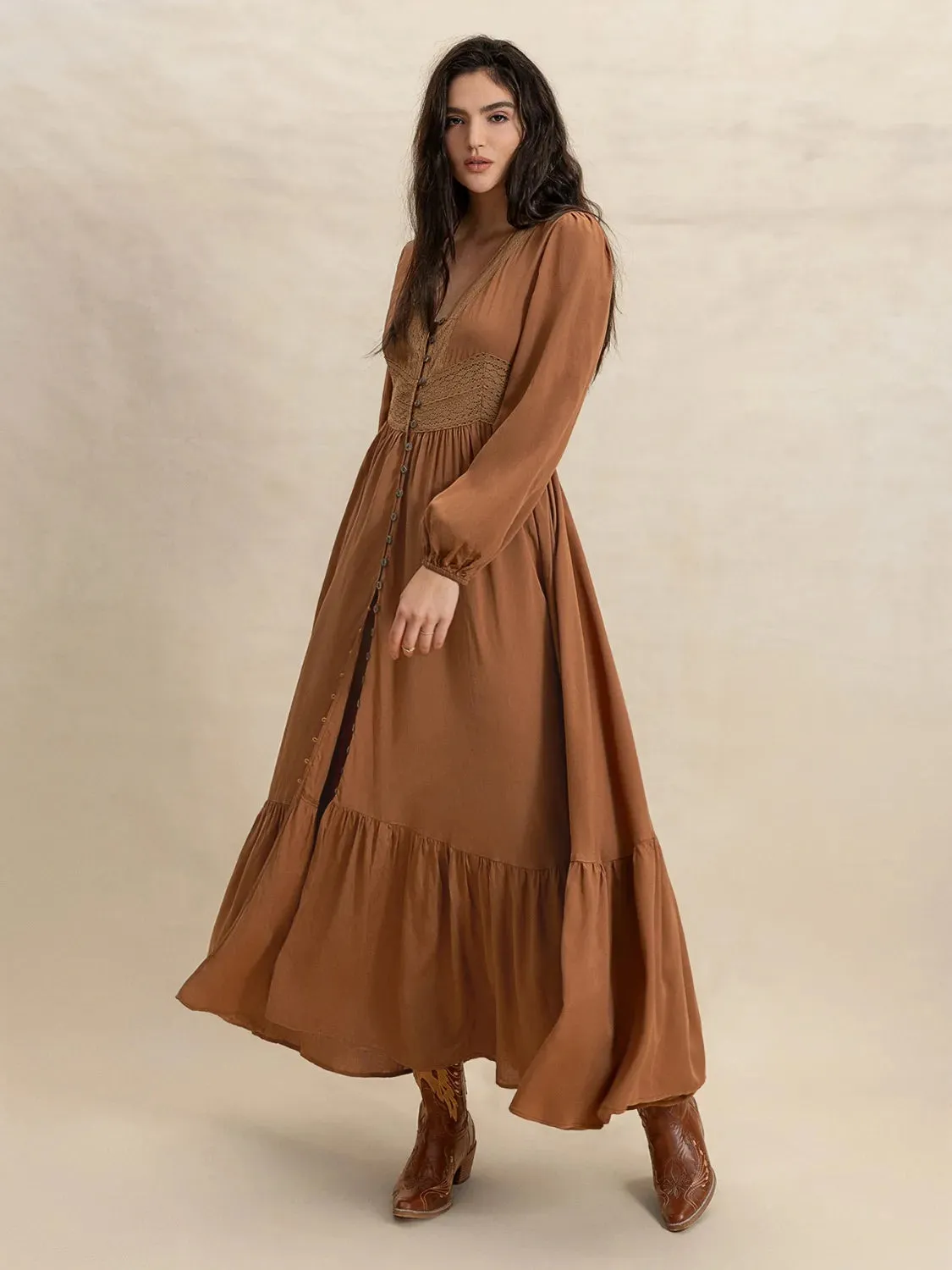 Ruffled Hem V-Neck Balloon Sleeve Maxi Dress sold by Charming Charlie product image thumbnail 2