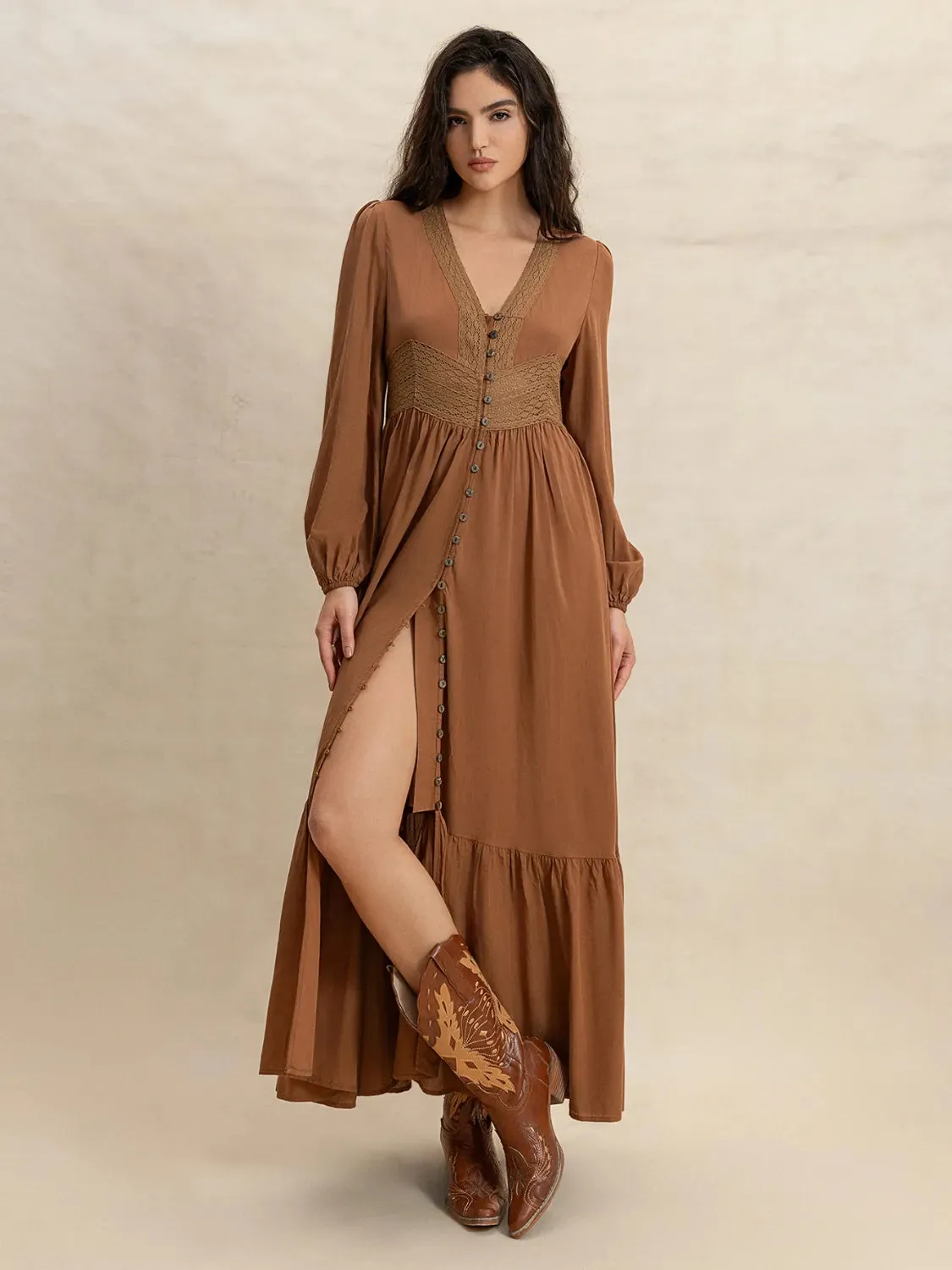 Ruffled Hem V-Neck Balloon Sleeve Maxi Dress sold by Charming Charlie product image thumbnail 5