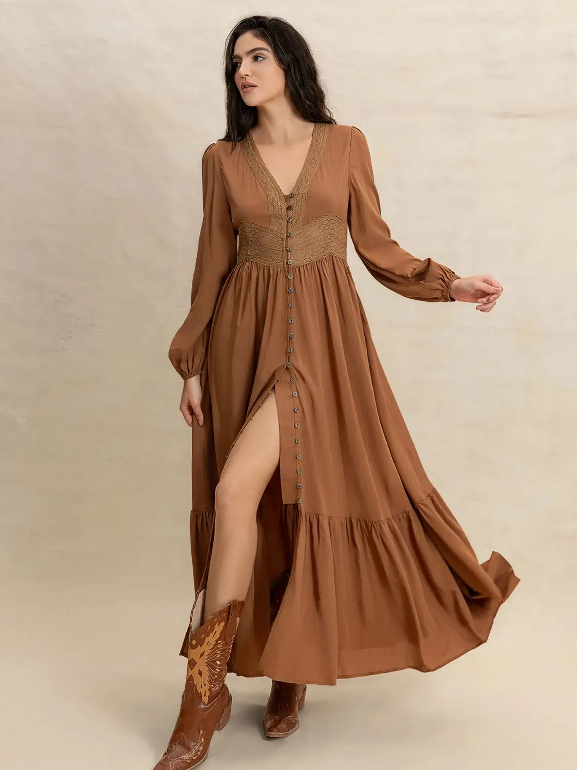 Ruffled Hem V-Neck Balloon Sleeve Maxi Dress sold by Charming Charlie