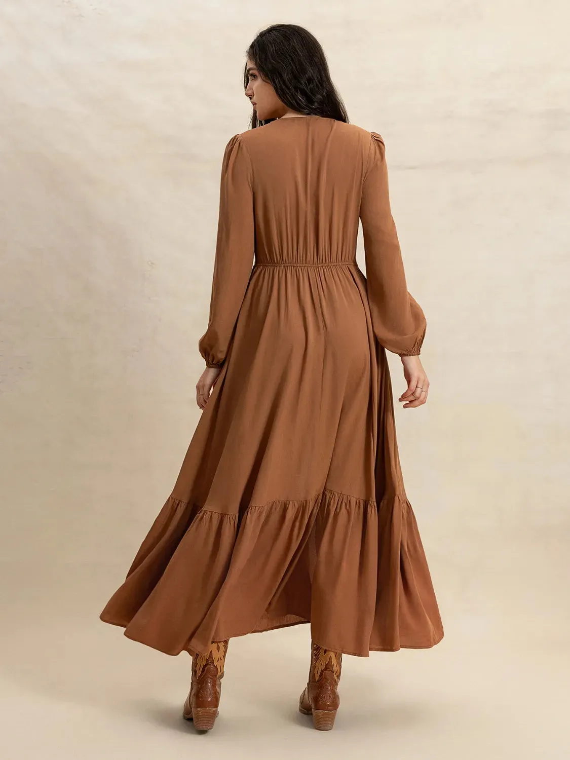 Ruffled Hem V-Neck Balloon Sleeve Maxi Dress sold by Charming Charlie product image thumbnail 4