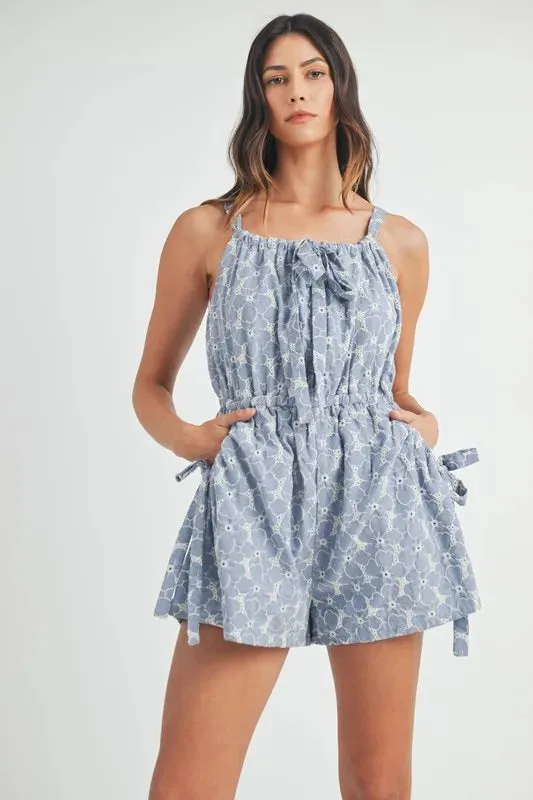 MABLE Floral Embroidered Button Down Romper sold by Charming Charlie
