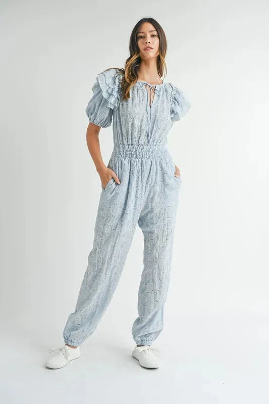 MABLE Eyelet Lace Ruffle Shoulder Jumpsuit sold by Charming Charlie product image thumbnail 5