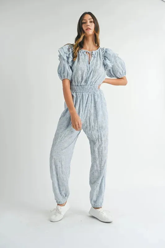 MABLE Eyelet Lace Ruffle Shoulder Jumpsuit sold by Charming Charlie product image thumbnail 3