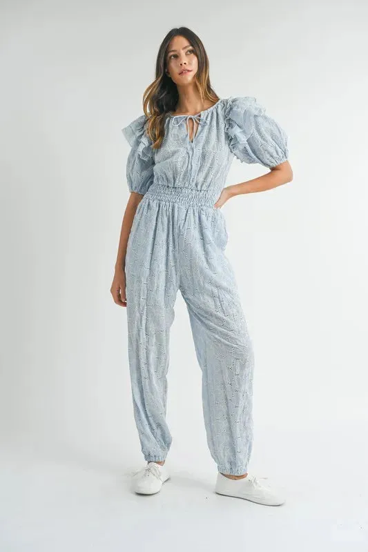 MABLE Eyelet Lace Ruffle Shoulder Jumpsuit sold by Charming Charlie product image thumbnail 4