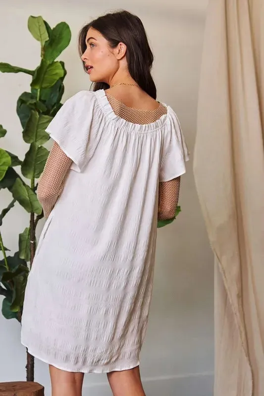 Davi & Dani Textured Ruffle Off-Shoulder Pockets Shift Dress sold by Charming Charlie product image thumbnail 3